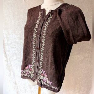 vtg Eddie Bauer Cotton Button-down Sweater 3/4 Sleeve Floral Embroidery